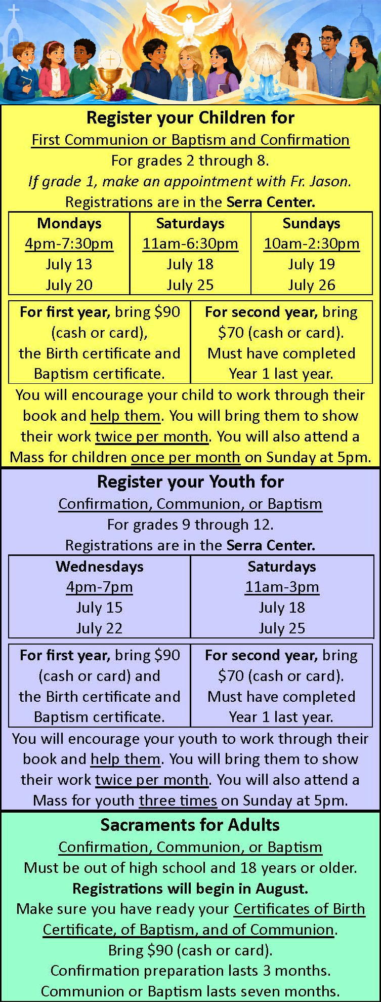 English registration announcement for children, youth, and adults