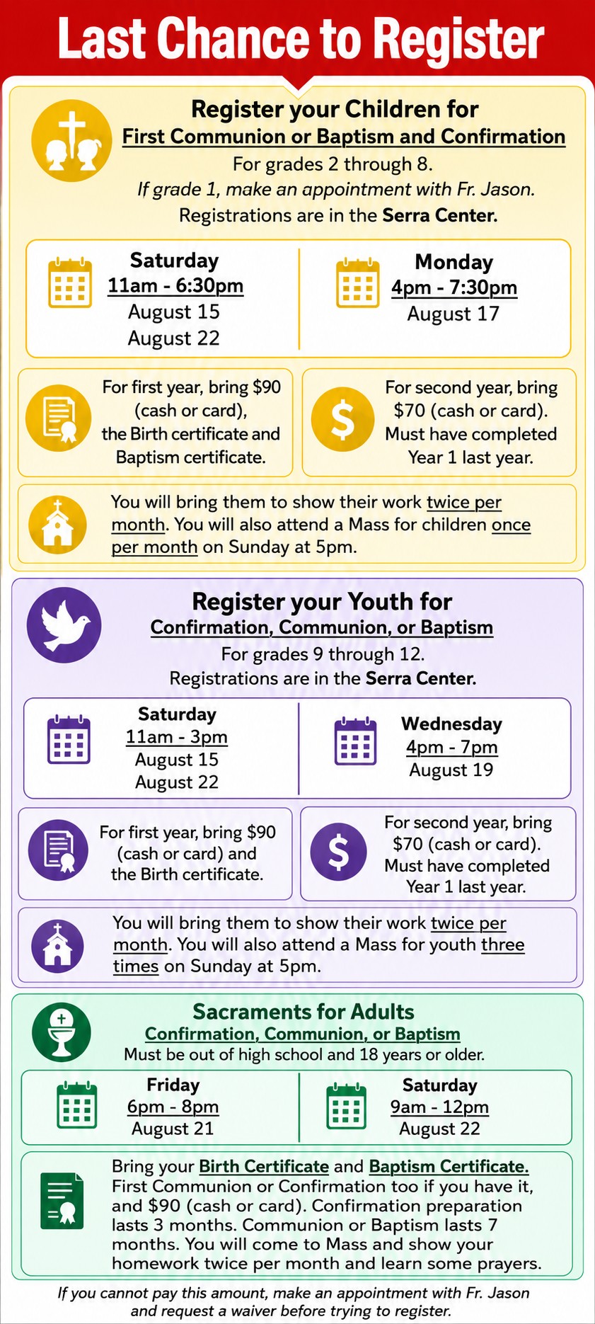 English registration announcement for children, youth, and adults